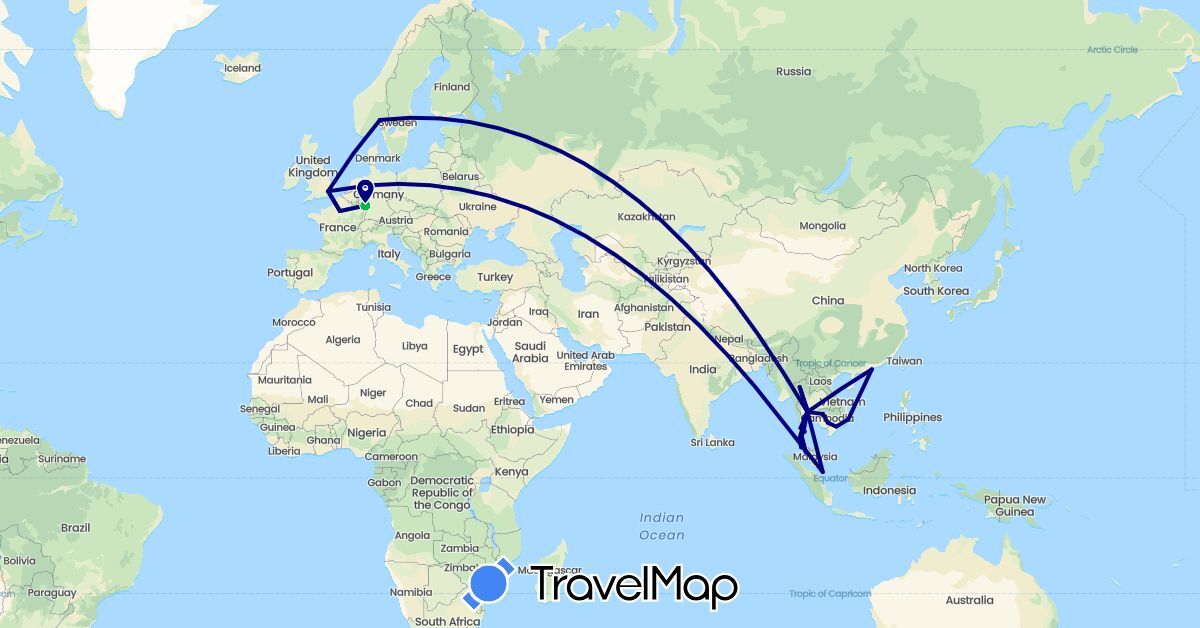 TravelMap itinerary: driving, bus in China, Germany, France, United Kingdom, Cambodia, Malaysia, Norway, Singapore, Thailand, Vietnam (Asia, Europe)