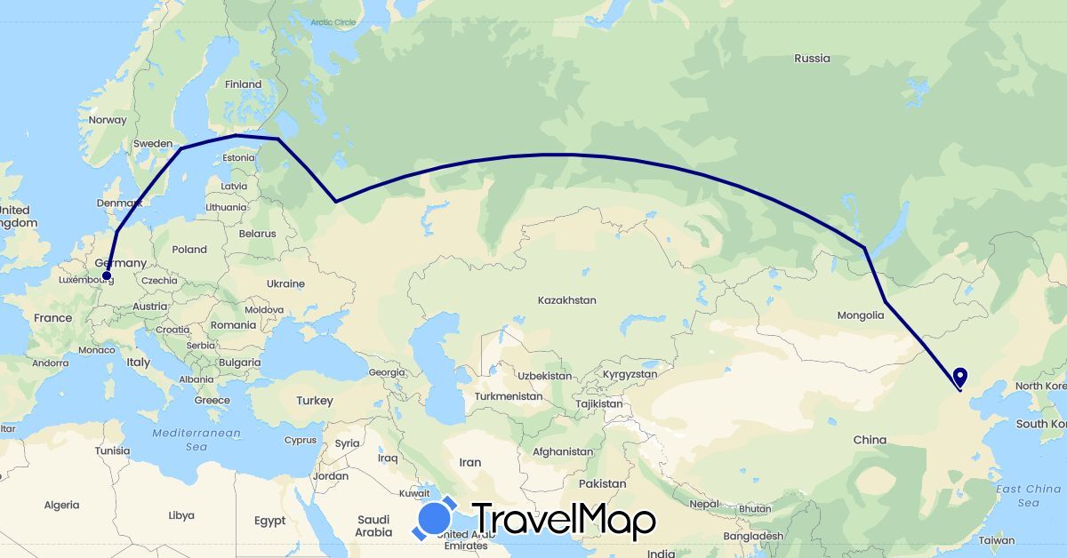 TravelMap itinerary: driving in China, Germany, Denmark, Finland, Mongolia, Russia, Sweden (Asia, Europe)