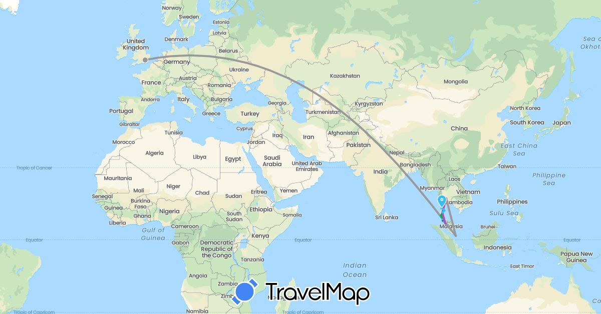 TravelMap itinerary: driving, bus, plane, train, boat in United Kingdom, Malaysia, Singapore, Thailand (Asia, Europe)